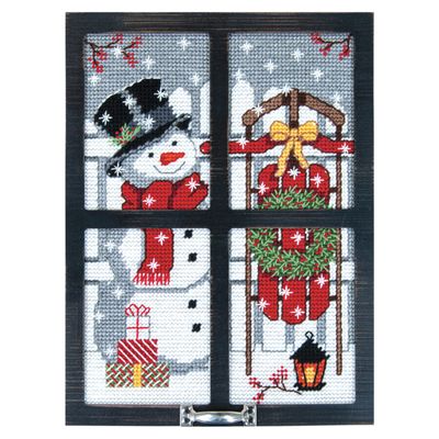 Mary Maxim Winterland Window Frame Plastic Canvas Kit, DIY Framed Christmas Wall Art, Includes 7 Mesh Canvas, Acrylic Yarn, and Black Wooden Frame, Finished Size 11.75" x 15.75"