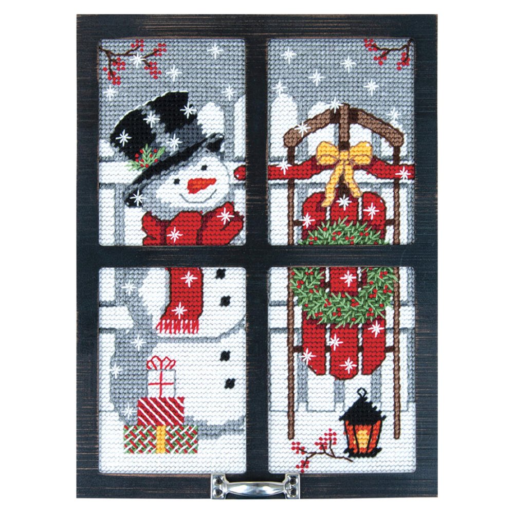 Mary Maxim Winterland Window Frame Plastic Canvas Kit, DIY Framed Christmas Wall Art, Includes 7 Mesh Canvas, Acrylic Yarn, and Black Wooden Frame, Finished Size 11.75" x 15.75"