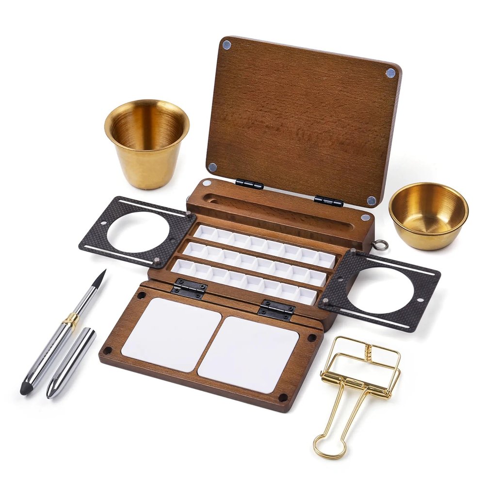 24-Grid Empty Travel Watercolor Palette Box, Fuumuui All-in-One Walnut Wood Palette Tray Kit, Mini Portable Sketchbox for Plein Air Painting with Three Ends Travel Brush and Watercolor Cup