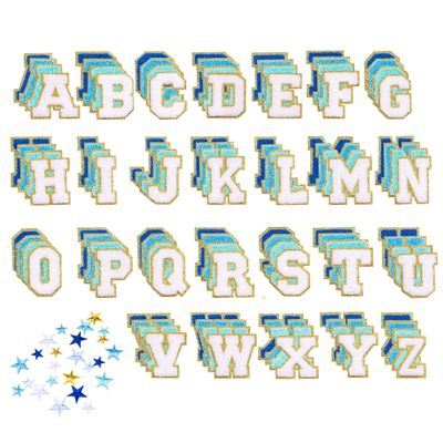 104 Pcs Self Adhesive Chenille Letters & 24 Iron On Stars Kit Blue Ombre Varsity Letter Patches for Clothes, Backpacks, Hats, DIY Crafts (2.17", Navy/Sky/Light Blue/White)