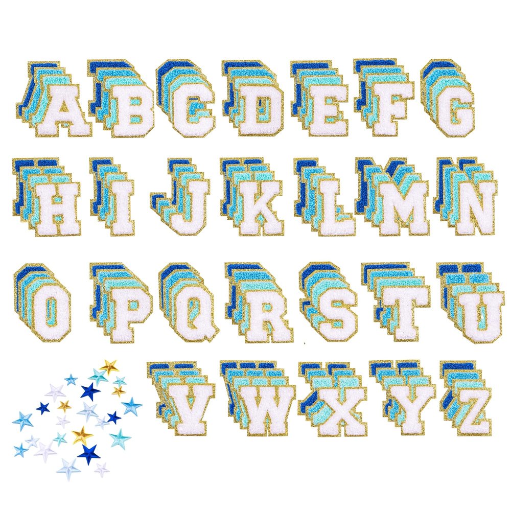 104 Pcs Self Adhesive Chenille Letters & 24 Iron On Stars Kit Blue Ombre Varsity Letter Patches for Clothes, Backpacks, Hats, DIY Crafts (2.17", Navy/Sky/Light Blue/White)