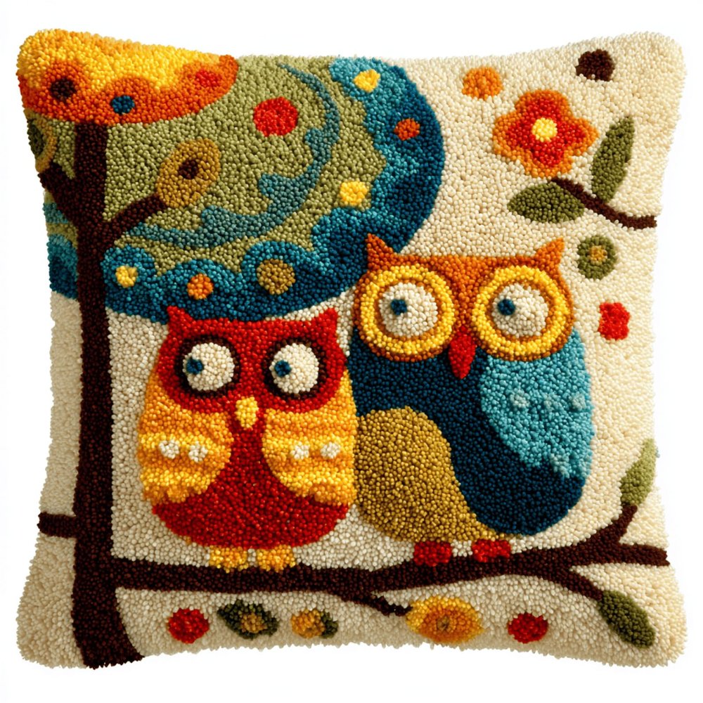 Amcdjkery Latch Hook Pillow Kits for Adults Cartoon Owl Cushion Cover Pillowcase Beginner DIY Needlework Embroidery Kits Handmade Set Craft Sofa Home Decor 43x43cm