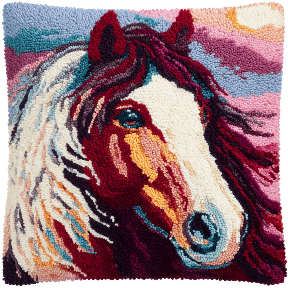 Amcdjkery Latch Hook Pillow Kit,Animal Horse Knitting Kits Cushion,43x43cm Rug Making Kit for Starters,Latch Hook Rug Kits for Beginners Adults Or Elderly