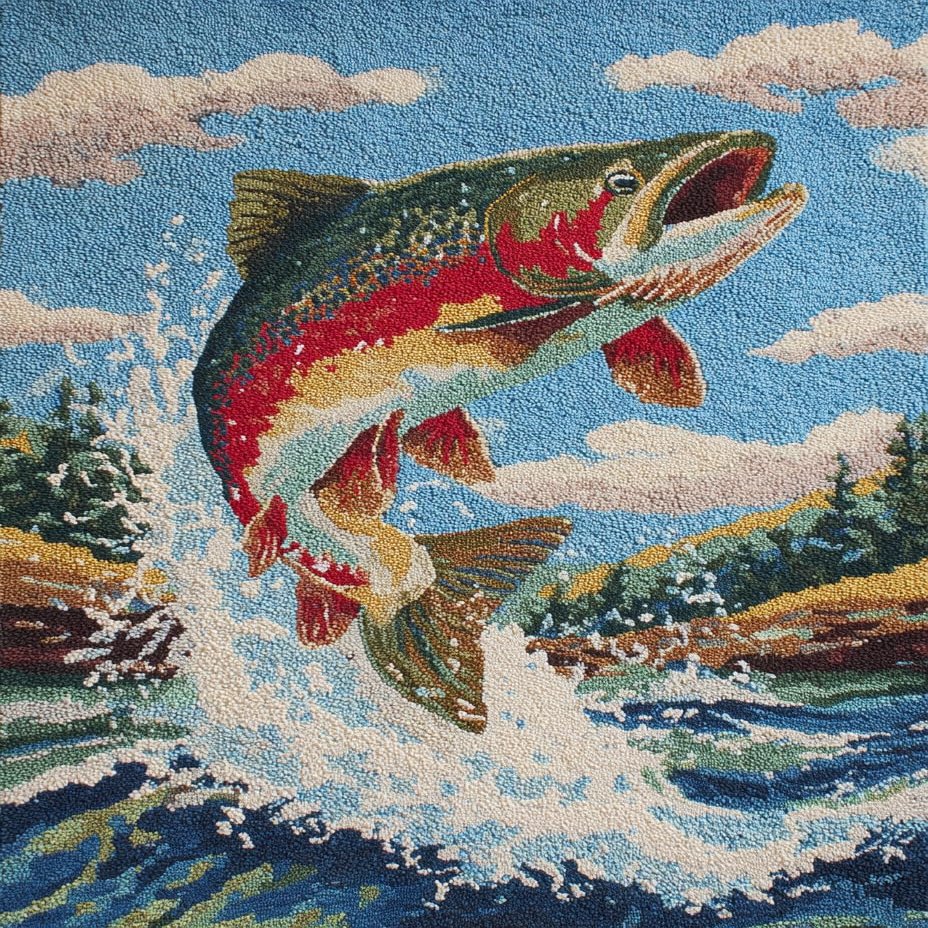 DIY Latch Hook Rug Kit Trout Fish Jump Out from Water Easy for Beginners Crochet Yarn Hook and Latch Tapestry Mat Cushion Craft Set for Home Decor 40x60cm-1