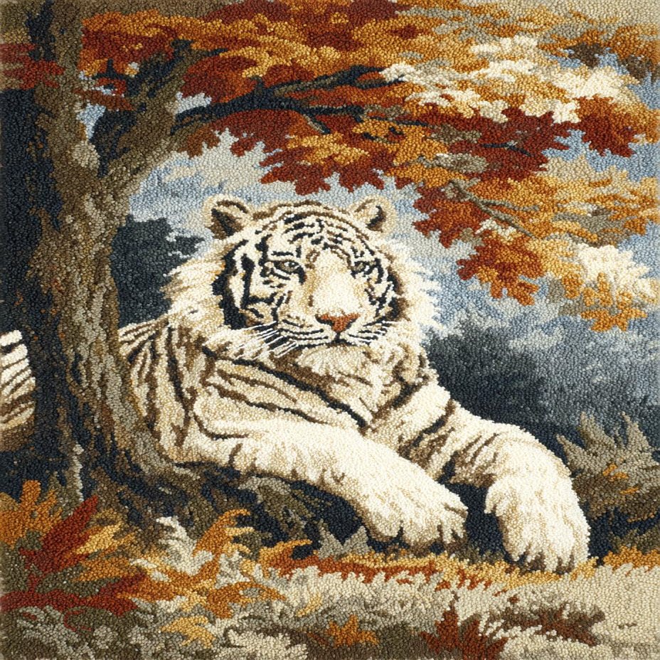 DIY Latch Hook Rug Kit White Tiger and Autumn Tree Easy for Beginners Crochet Yarn Hook and Latch Tapestry Mat Cushion Craft Set for Home Decor 40x60cm-2