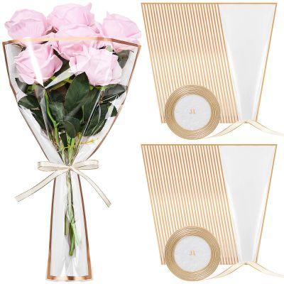 YooNotee 120 Pcs Flower Wrapping Bags for Valentine's Day Bouquets Supplies 17.7 x 10.9 Inches Plastic Flower Bouquet Sleeve Clear Front Floral Wraps with Ribbons for Graduation Party (White)