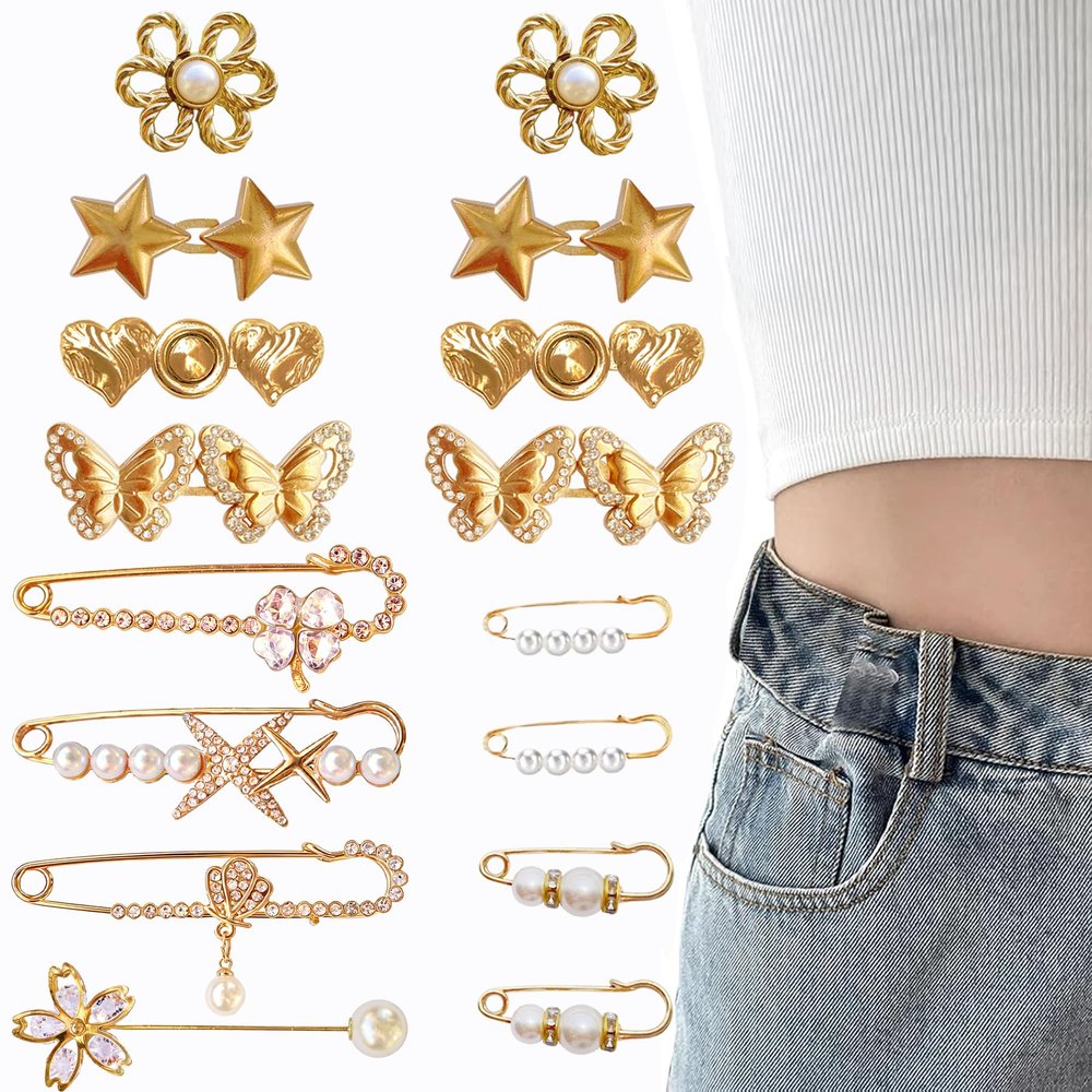 16 Set Pant Waist Tightener, Adjustable Golden Pant Clips Waist Tightener Buttons Pins for Loose Jeans Waist Tightener for Pants Women Heart Brooch and Pins for Clothing