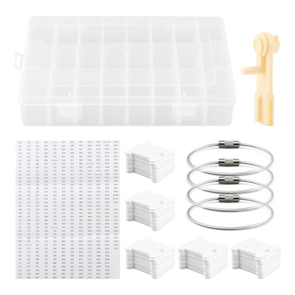 Embroidery Floss Organizer,Cross Stitch Thread Storage Box Tool,w/Bobbins Winder,1 Removable 24 Grids Clear Bead Organizer Case,100 Floss Bobbins,1 Numbered Sticker,for Craft DIY