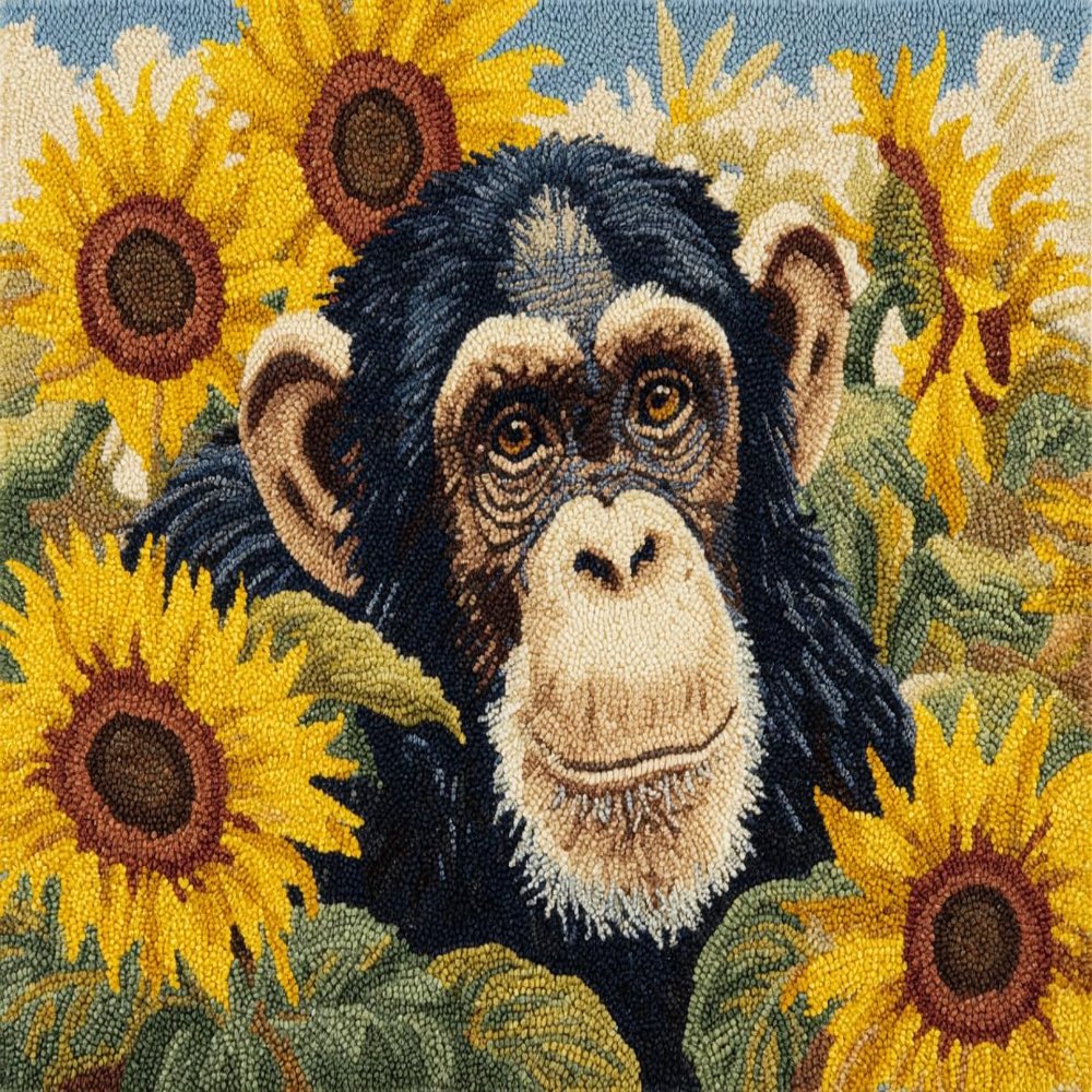 DIY Latch Hook Rug Kit Chimpanzee and Sunflowers Easy for Beginners Crochet Yarn Hook and Latch Tapestry Mat Cushion Craft Set for Home Decor 52x38cm