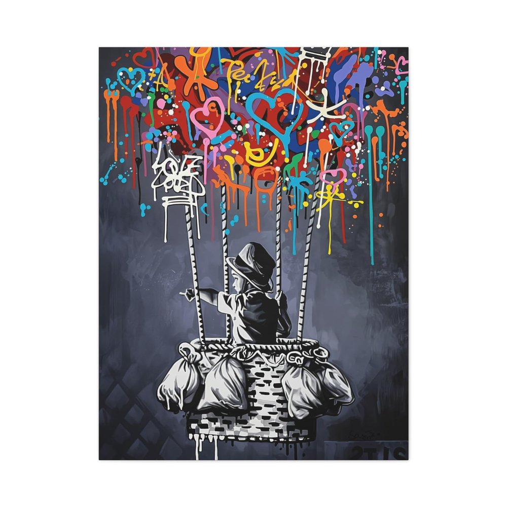 Banksy Flying Boy Street Graffiti Wall Art, Balloon Kids Pop Art Canvas Ready To Hang 1.25" Deep No Y-586