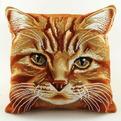 Amcdjkery Stamped Cross Stitch Pillow Cover Kit,Orange Cat Embroidery Cushion Cover,11CT DIY Cross Stitch Pillow Case,Handmade Needlework Kit for Home Decor,18x18 Inch
