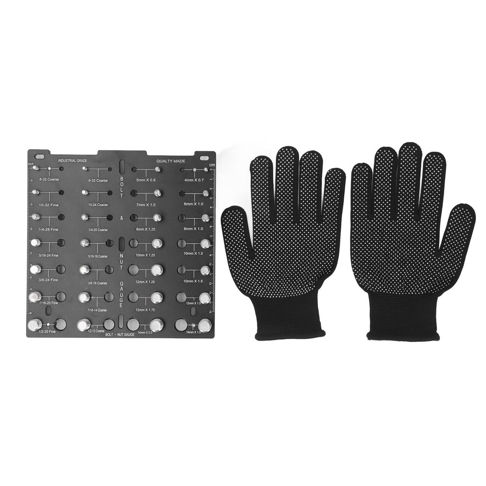 Bolt Nut Thread Checker, Aluminum Alloy Screw Identifier Gauge, 28 Holes Metric and Thread Identification Board with Inch and CM Scales, Includes Work Gloves for Mechanics