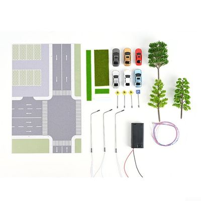 1/64 Scale Diorama Car Parking Lot Model Set with LED Light and Roadway Tree for Miniature Vehicle Display, 11.8 x 7.5 Inch City Scene Decoration