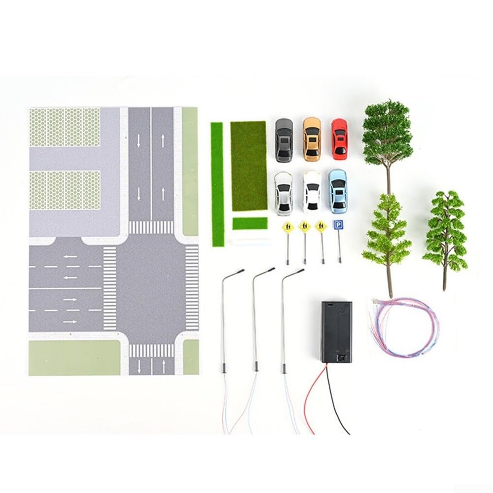 1/64 Scale Diorama Car Parking Lot Model Set with LED Light and Roadway Tree for Miniature Vehicle Display, 11.8 x 7.5 Inch City Scene Decoration