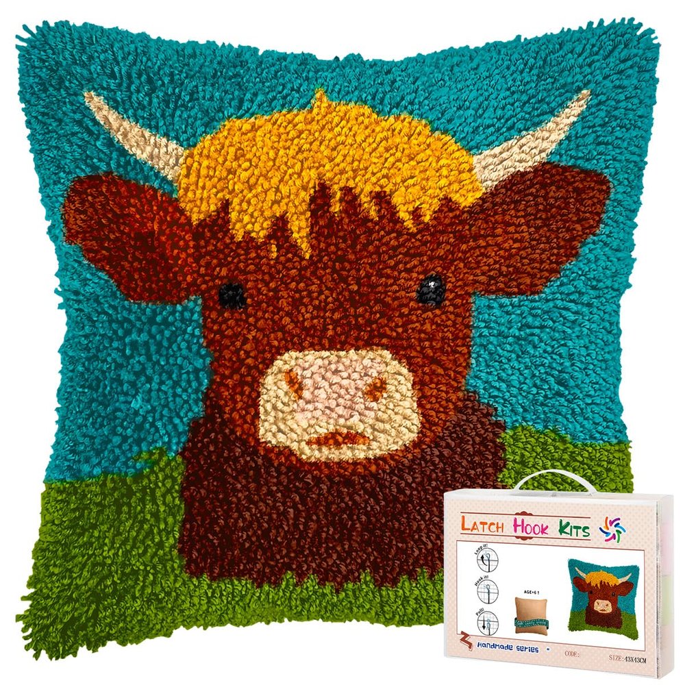 Latch Hook Pillow Kit Cute Brown Highland Cow Easy for Beginners with Pattern DIY Crochet Craft Kit Pillowcase Cushion for Home Decor 17x17inch-3