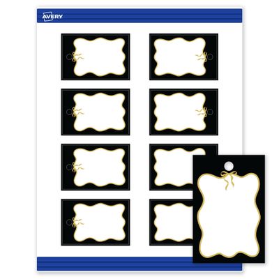 Avery Printable Rectangle Tags with Sure Feed Technology, 2" x 3", Pre-printed Black Border with Metallic Gold Bow Design, Matte White, Laser & Inkjet Compatible, 80 Total
