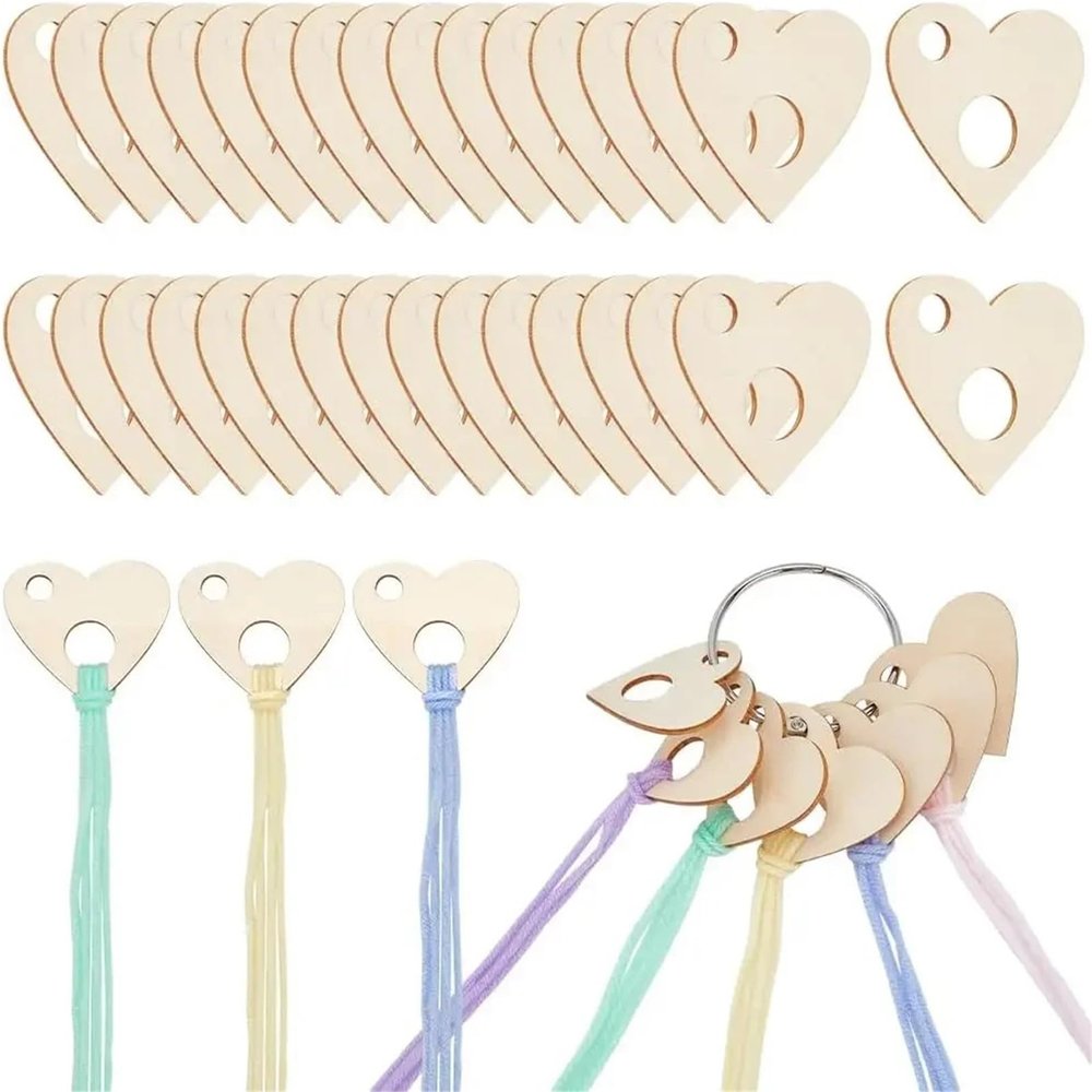 Floss Drops Cross Stitch 80Pcs Wood Thread Drops 1.75x1.9inch Heart Floss Bobbin Cross Stitch Organization with Iron Ring for DIY Craft Sewing Thread Storage