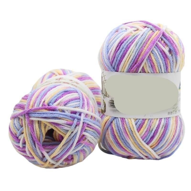 100g Dyed Wool Gradient Yarn - Medium Thick Hand-Woven Five-Strand Cotton Line for Doll Crochet Projects(11purpleandwhitesection)