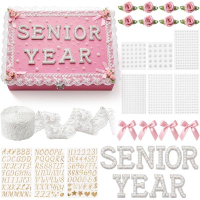 Yousoontic 2026 Class of Senior Graduation DIY Wooden Box Kit Large Wooden Keepsake Box with Pearl Letters Lace Bow Roses Glitter Alphabet & Numbers Pearl Decals Personalized Gift for Her(Pink)