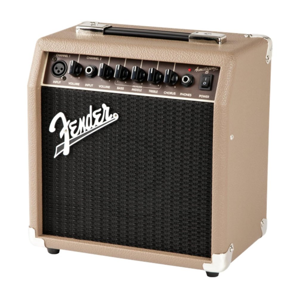 Fender Acoustasonic 15 Acoustic Guitar Amplifier, 15-Watt Portable Combo Amp with 6" Speaker, Instrument & Mic Channels, Chorus Effect, Brown/Wheat, with 2-Year Warranty
