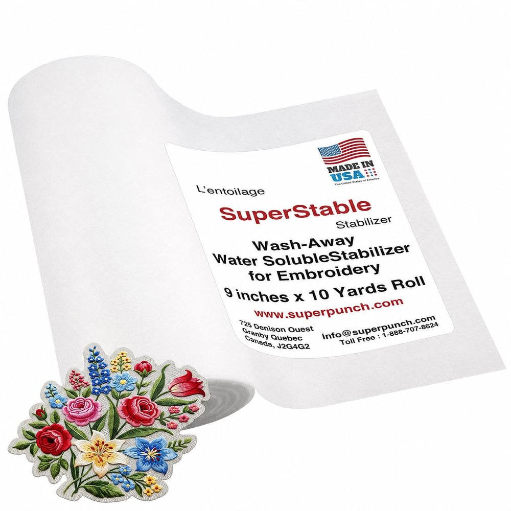 Superpunch Wash Away Water Soluble Embroidery Stabilizer, 9" x 10 yd Roll, Clear Embroidery Topping Film for Machine Embroidery, Towels, Fleece, Knits, Monograms and Free Standing Lace, Made in USA
