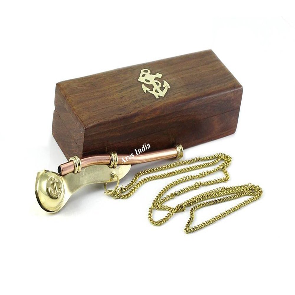 Hampton Nautical Solid Brass/Copper Boatswain (Bosun) Whistle with Rosewood Box, 5", Brass