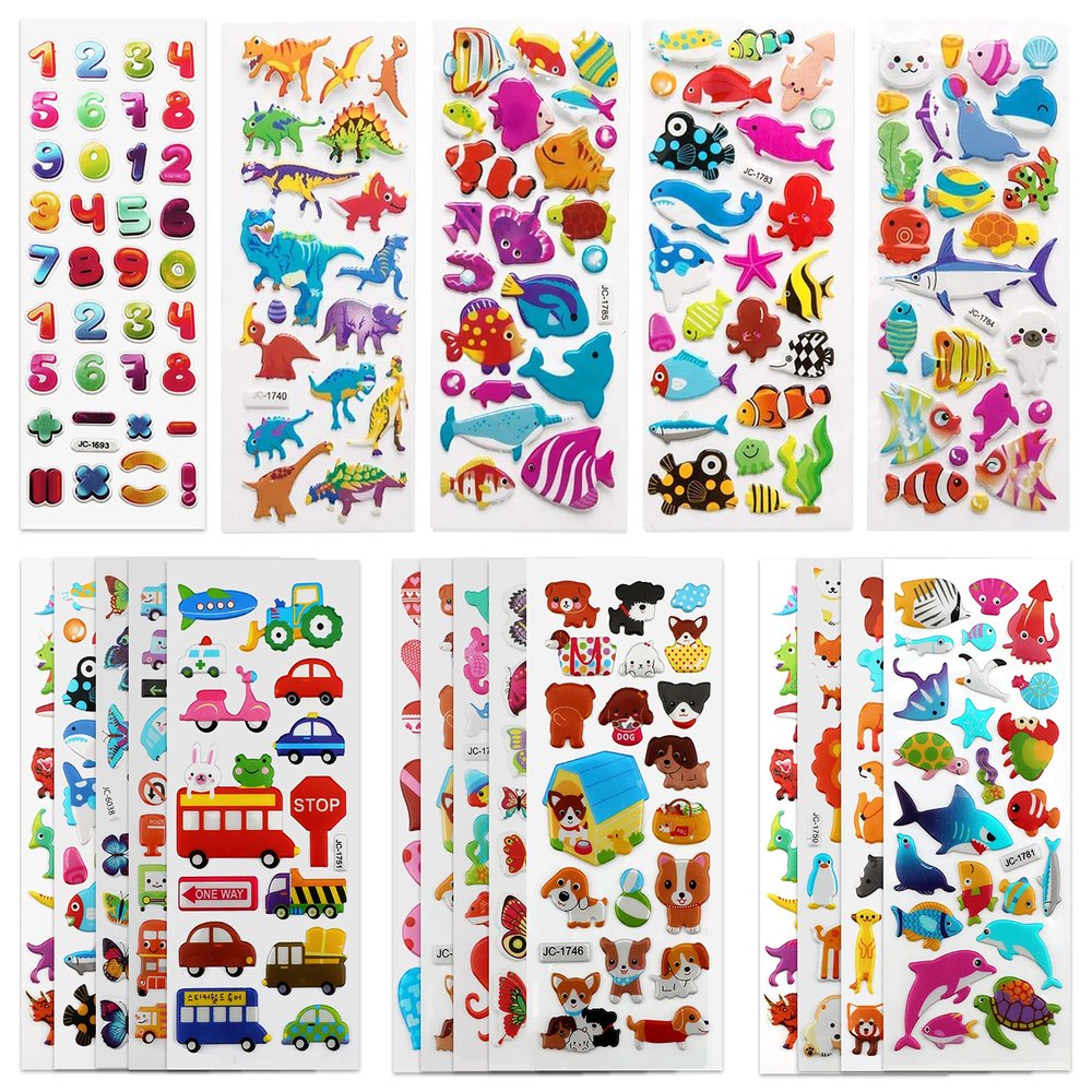 SAVITA 3D Stickers for Kids & Toddlers 500+ Puffy Stickers Variety Pack for Scrapbooking Bullet Journal Including Animal, Numbers, Fruits, Fish, Dinosaurs, Cars and More