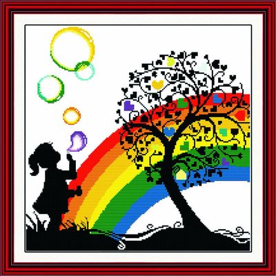 Benway Counted Cross Stitch Little Girl Playing with Colorful Bubbles in The Heart Trees 14 Count 42cm X 41cm