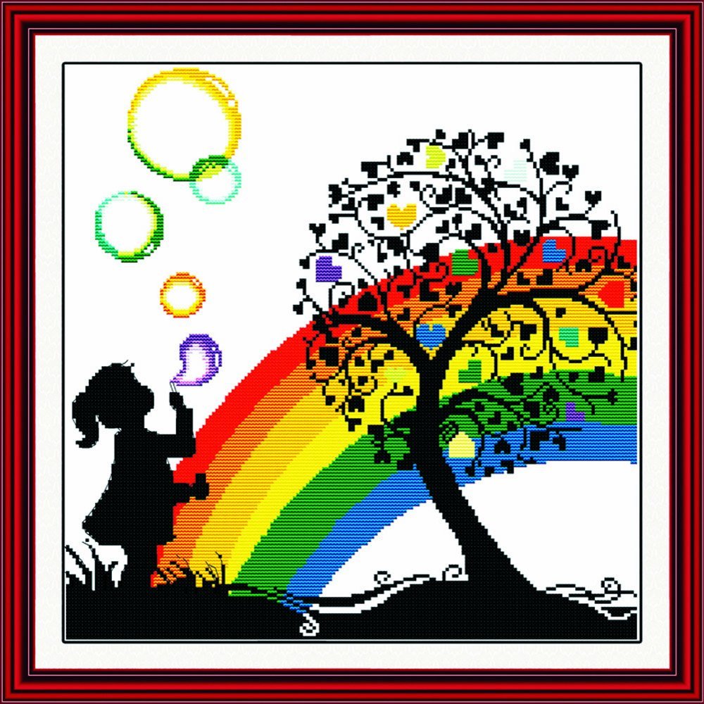 Benway Counted Cross Stitch Little Girl Playing with Colorful Bubbles in The Heart Trees 14 Count 42cm X 41cm
