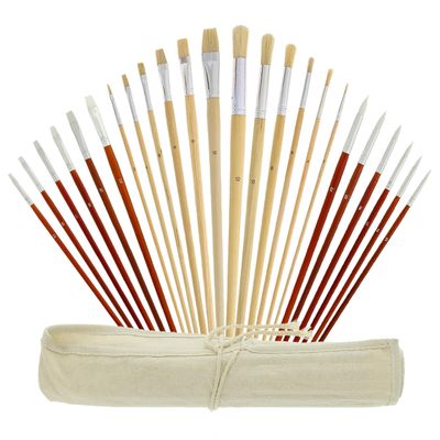 U.S. Art Supply 24-Piece Oil & Acrylic Artist Paint Brush Set with Long Handles, Canvas Brush Organizer Holder Roll-Up - Round, Flat Tips, Use for Painting Portraits, Canvas, Paper - Students, Adults