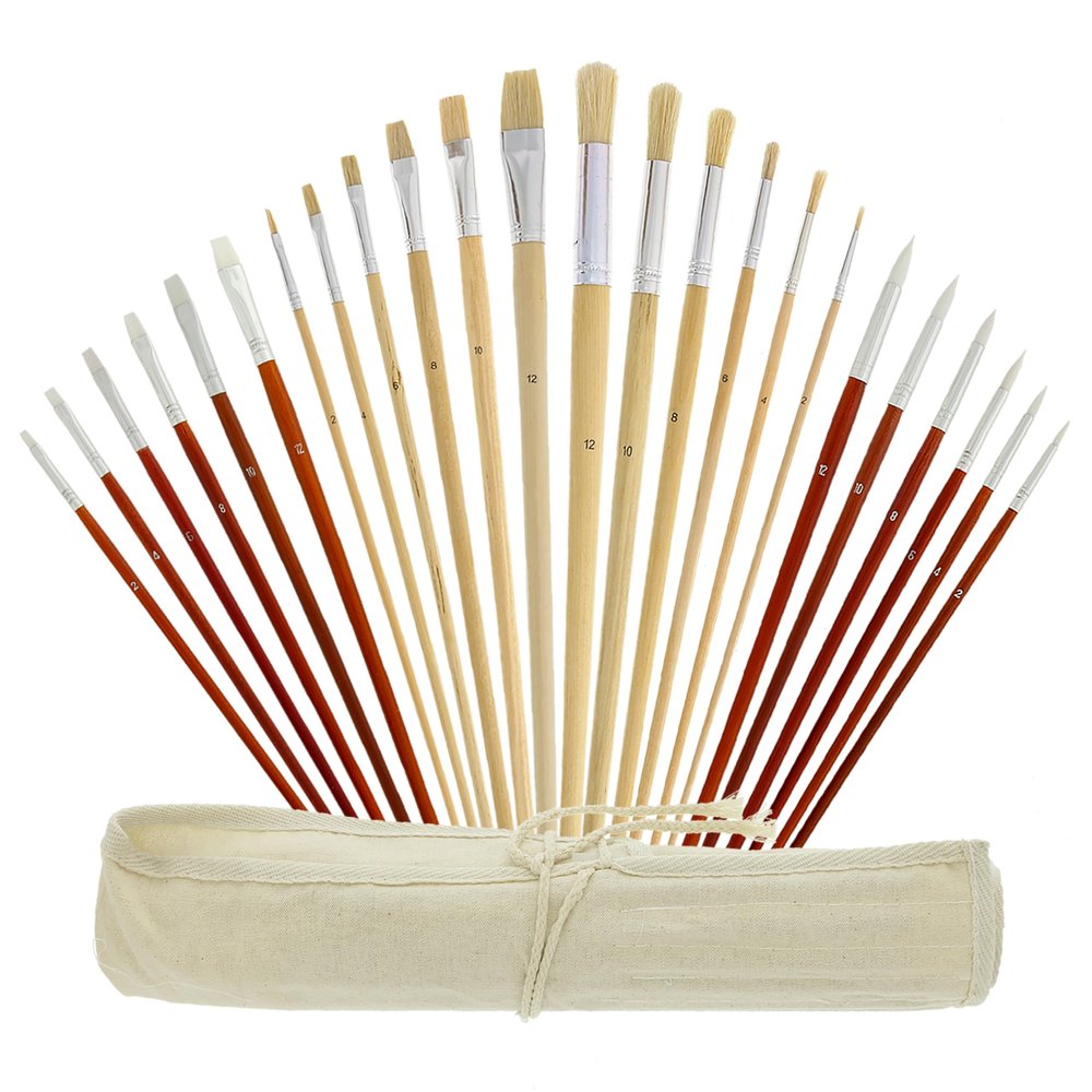 U.S. Art Supply 24-Piece Oil & Acrylic Artist Paint Brush Set with Long Handles, Canvas Brush Organizer Holder Roll-Up - Round, Flat Tips, Use for Painting Portraits, Canvas, Paper - Students, Adults