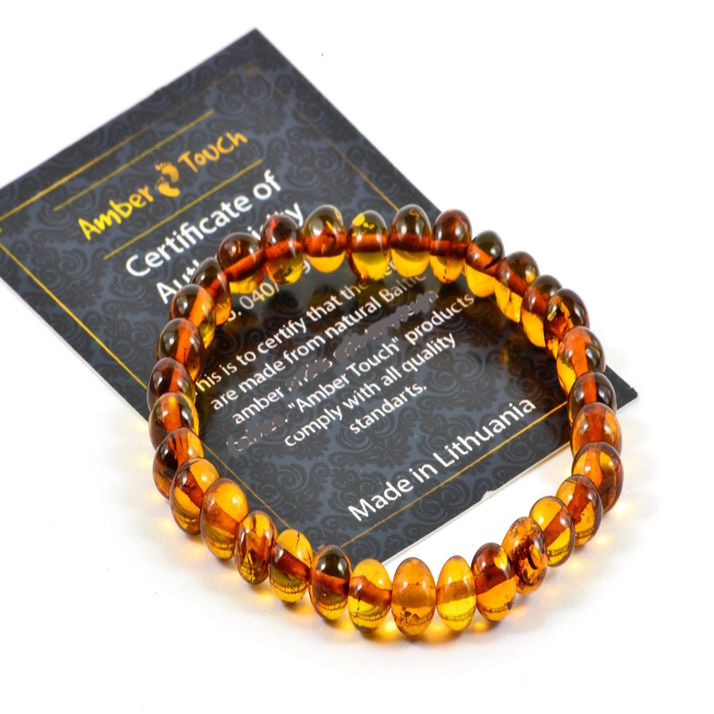 Baltic Amber Bracelet for Adults Made on Elastic Band- Natural Amber from Baltic Region, Genuine Baltic Amber (Cognac, 7.5 inch)