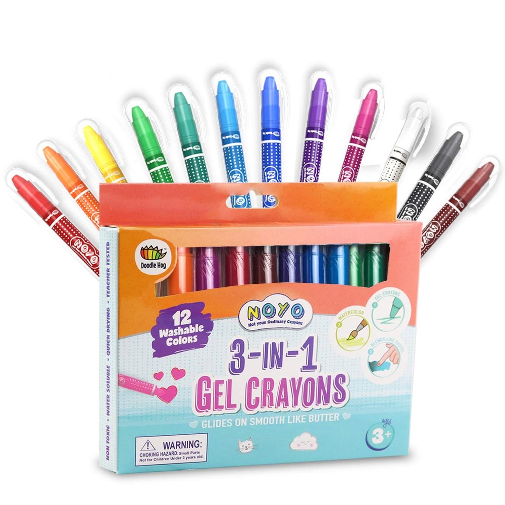 DOODLE HOG Washable Crayons 12 Colors, Kids and Toddler Crayons, Watercolor, Non Toxic, 3 in 1, for Kids Ages 4-8
