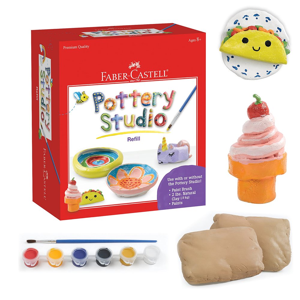 Faber-Castell Pottery Studio Refill Kit - 2 lbs. of Natural Air-Dry Pottery Clay, 6 Paint Pots and Paintbrush, Clay Making Kit for Kids