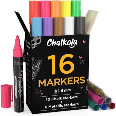 Chalkola Liquid Chalk Markers for Blackboard & Glass (Pack of 16, 6mm Reversible Tip) Washable Chalk Pens for Window, Bistro, Mirror, Car, Wall Calendar, Menu Board | Chalkboard Markers Erasable