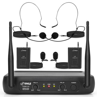 Pyle Dual Channel Wireless Microphone System - VHF Fixed Dual Frequency Wireless Mic Receiver Set with 2 Lavalier, 2 Headset Mics, 2 Transmitter, Receiver - For PA, Karaoke, Dj Party - Pyle PDWM2145