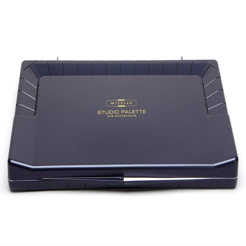 Mijello Studio Watercolor Palette, 55 Paint Wells, Blue, Foam Dauber Included, 14.4" X 1.5" X 9.13", 1 Each (MWP-3055)